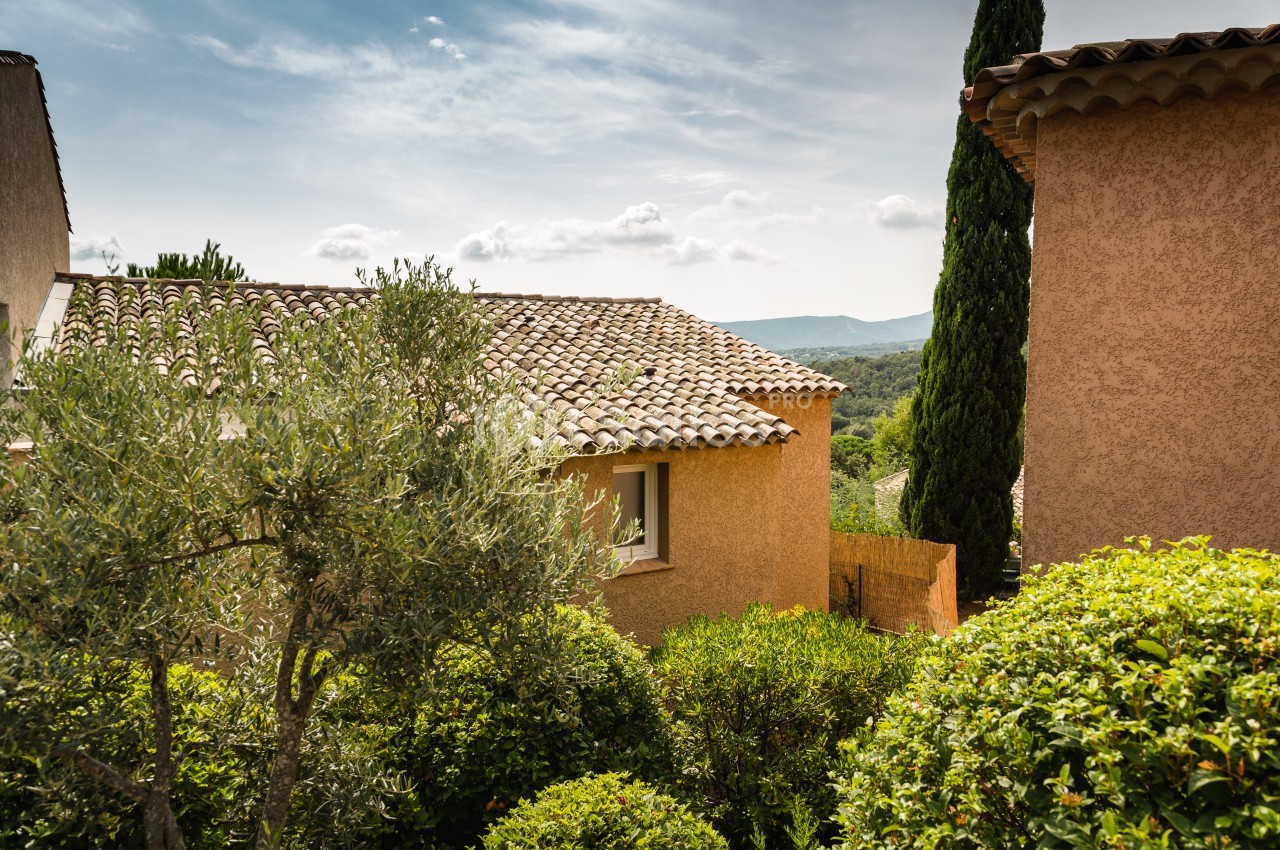Maisons provençales aux toits de tuiles et façades ocre, entourées d'oliviers, de haies taillées et d'un grand cyprès sous un ciel dégagé.