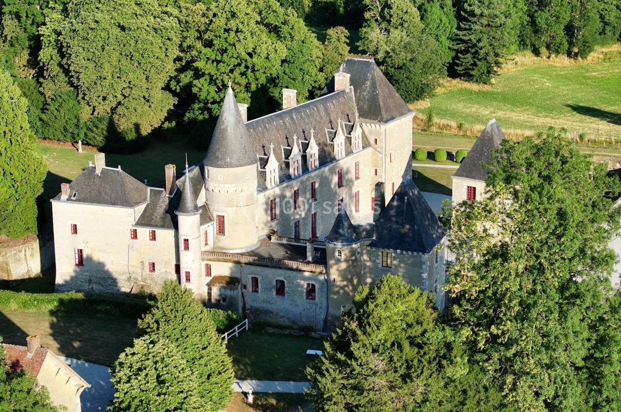 Vue aérienne d'un château médiéval entouré de verdure, avec des tours et des toits en ardoise.