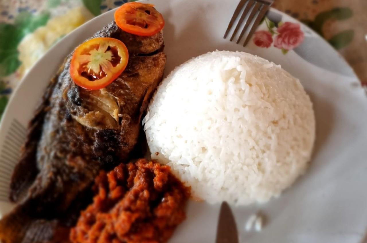 Plat composé d'un poisson grillé, d'une portion de riz blanc et d'une sauce rouge, servi dans une assiette blanche.