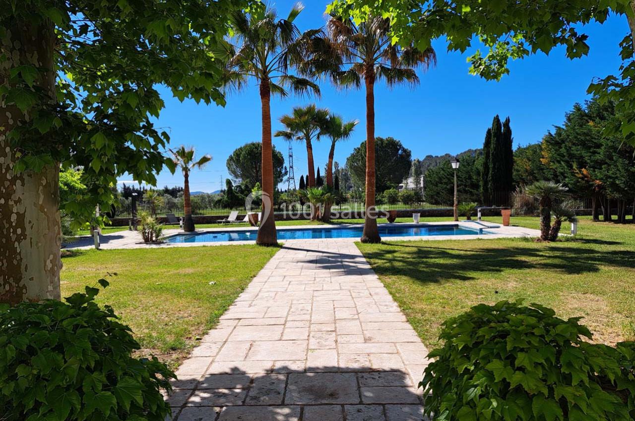 Allée pavée bordée de verdure menant à une piscine entourée de palmiers sous un ciel bleu clair.