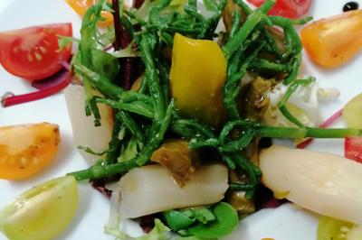 Miniature Traiteur Watten (Nord) - Le Domaine au Fil de L'eau #12 Assiette contenant du saumon fumé, crème, herbes fraîches et garnitures sur une sauce blanche.