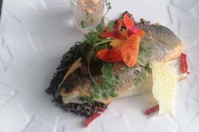 Miniature Traiteur Watten (Nord) - Le Domaine au Fil de L'eau #13 Assiette contenant du saumon fumé, crème, herbes fraîches et garnitures sur une sauce blanche.