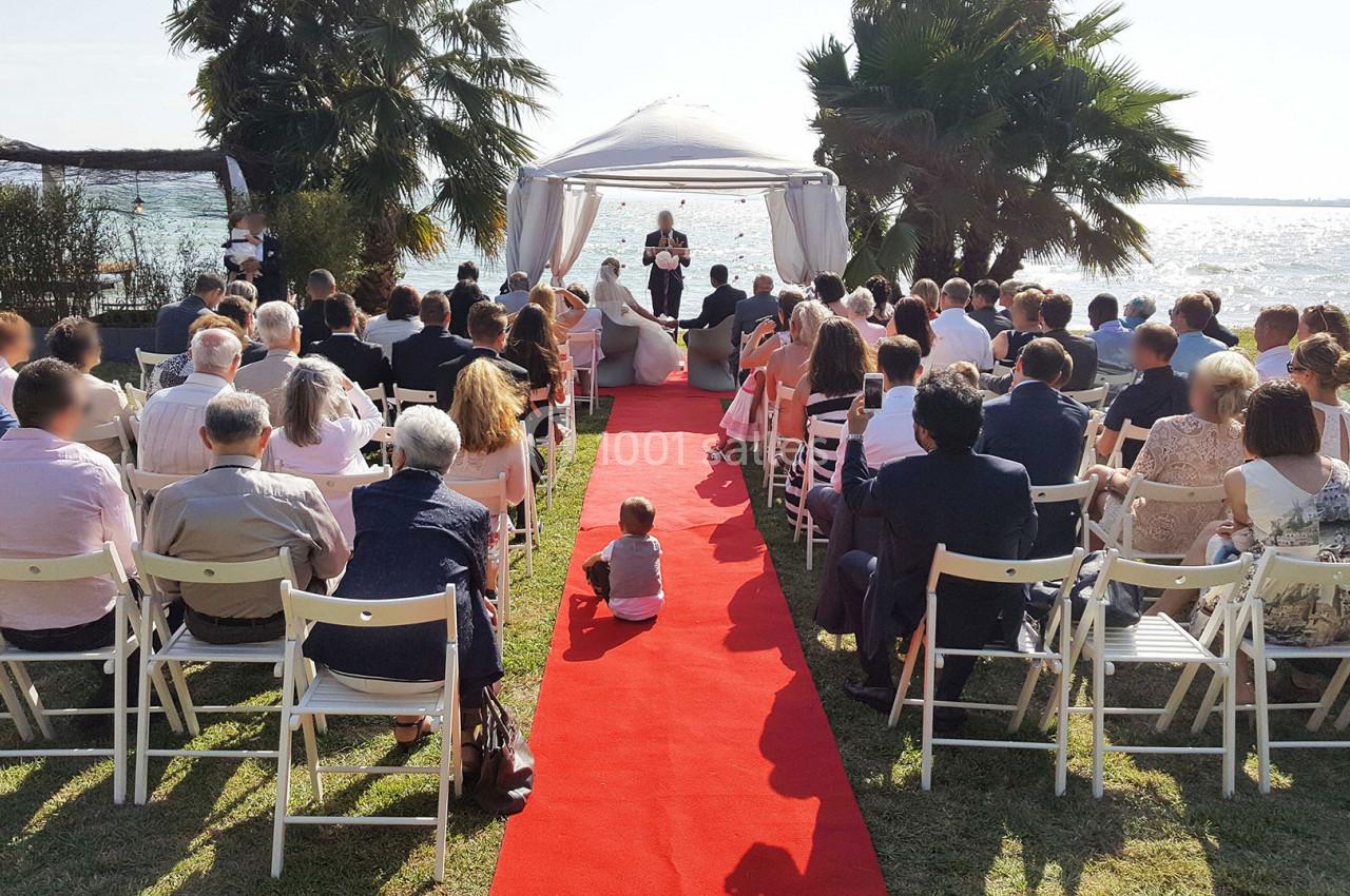 Cérémonie de mariage en plein air avec des invités assis, une allée rouge et un officiant sous une tente blanche près d'un…