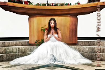 Miniature Chris Photos International #2 Une mariée en robe blanche regarde vers le sol, entourée d'un paysage enneigé et d'arbres en arrière-plan.