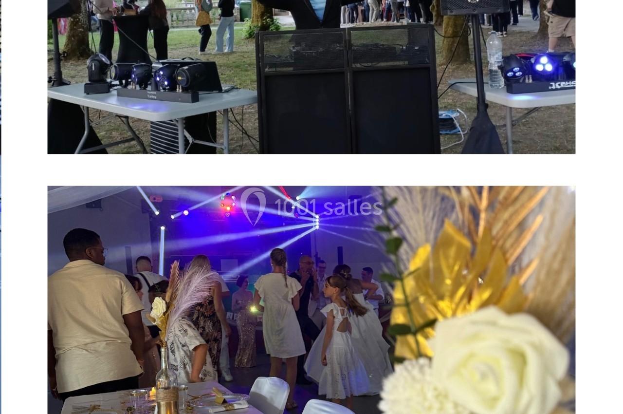 1. Un DJ anime un événement en plein air avec des enceintes et des jeux de lumière sous des arbres. 2. Salle décorée pour…