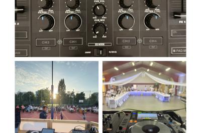 Miniature DJ La Queue-les-Yvelines (Yvelines) - DJ Braz #7 Main ajustant des réglages sur une table de mixage DJ lumineuse avec des écrans et des boutons colorés.