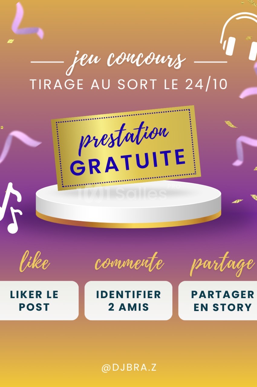 Visuel coloré annonçant un jeu concours avec tirage au sort le 24/10 pour gagner une prestation gratuite.