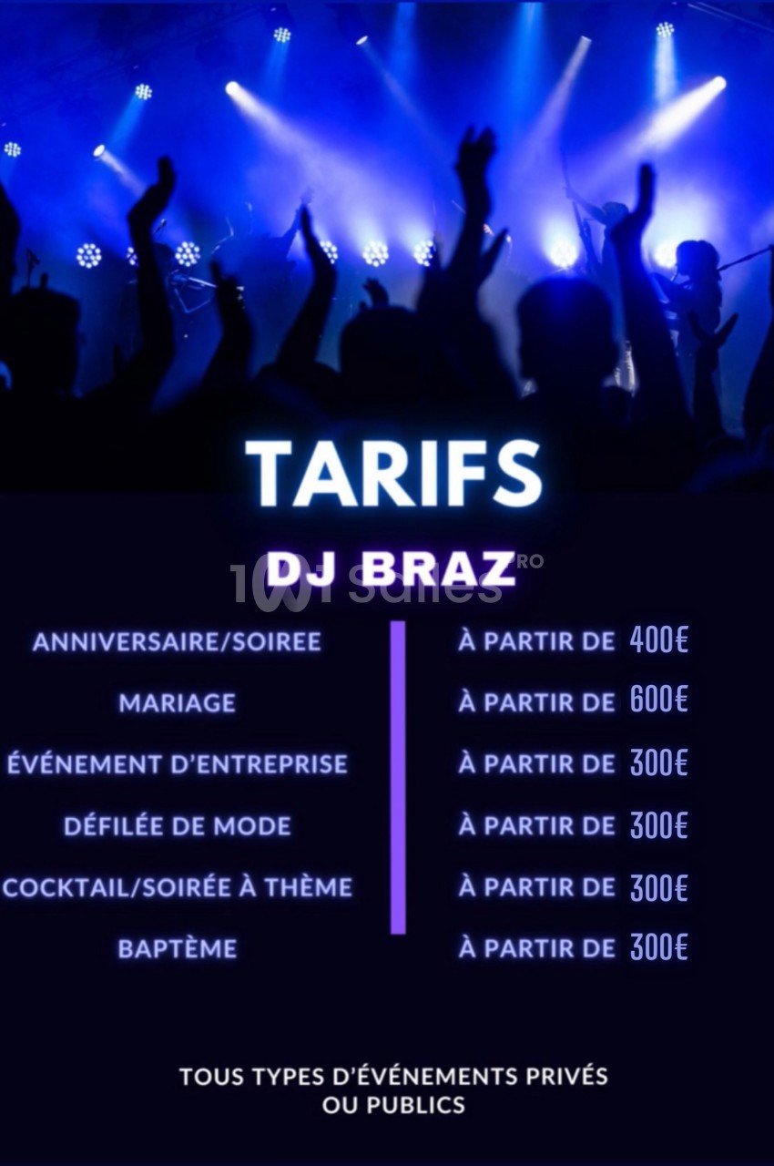Liste des tarifs pour divers événements avec éclairage de scène et silhouettes de personnes dansant en arrière-plan.