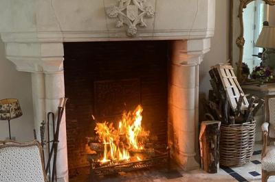 Miniature Location salle Bouesse (Indre) - Chateau de Bouesse en Berry #48 Vase de pivoines roses sur une table en bois, entouré de livres, chandeliers et fauteuils dans un salon élégant.