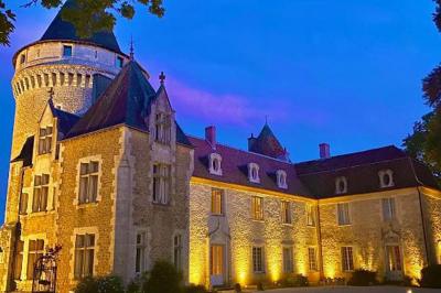 Miniature Location salle Bouesse (Indre) - Chateau de Bouesse en Berry #2 Vase de pivoines roses sur une table en bois, entouré de livres, chandeliers et fauteuils dans un salon élégant.