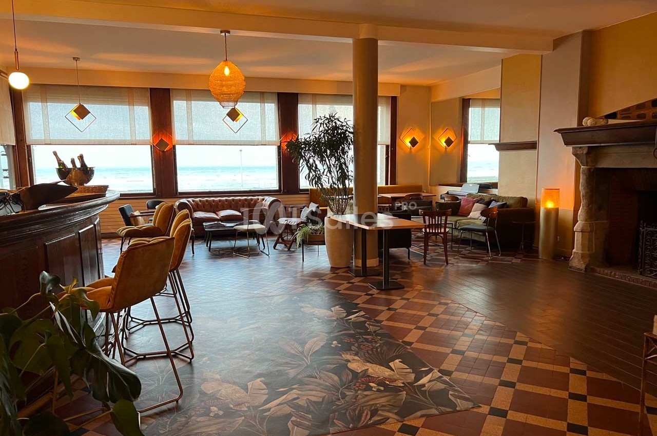 Salle lumineuse avec grandes fenêtres, mobilier varié, sol en carrelage décoratif et cheminée en pierre.