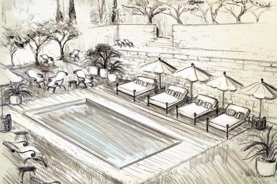 Miniature Projet de piscine (15 m x 4m) Olivier devant le toit de l'ancien pigeonnier