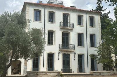 Paysage rural avec un chemin en gravier, des plantes, des champs verdoyants et un ciel partiellement nuageux.