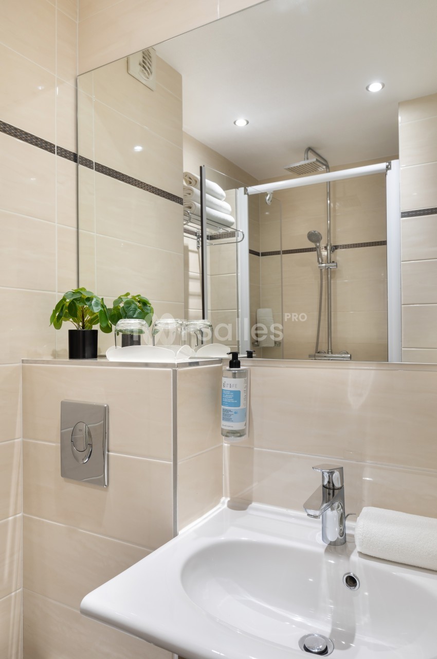 Salle de bain moderne avec lavabo, miroir, douche vitrée, serviettes pliées et une plante décorative.