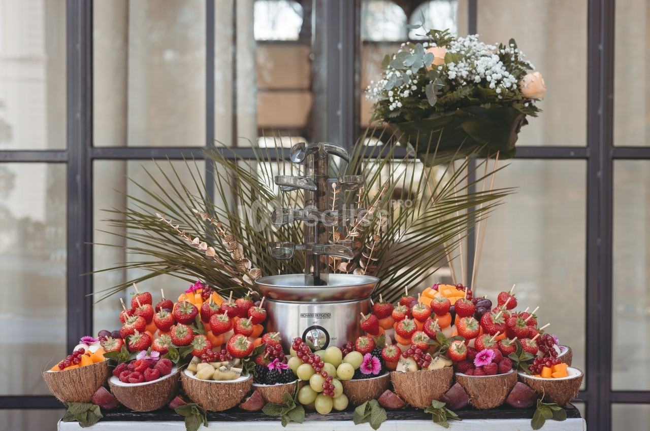 Fontaine à chocolat entourée de fruits frais variés, présentés dans des coques de noix de coco et sur un fond végétal.