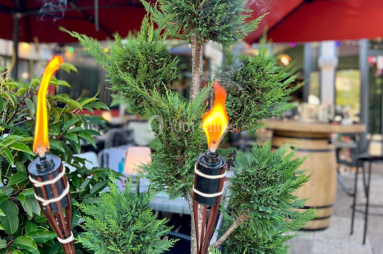 Deux torches allumées devant un arbuste, avec des tables et des parasols rouges en arrière-plan.
