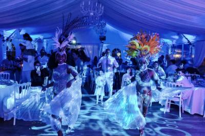 Miniature DJ Pavillons-sous-Bois (Seine-Saint-Denis) - Magic Events #28 Un couple de mariés danse au milieu d'effets de fumée et d'étincelles dans une salle de réception décorée.