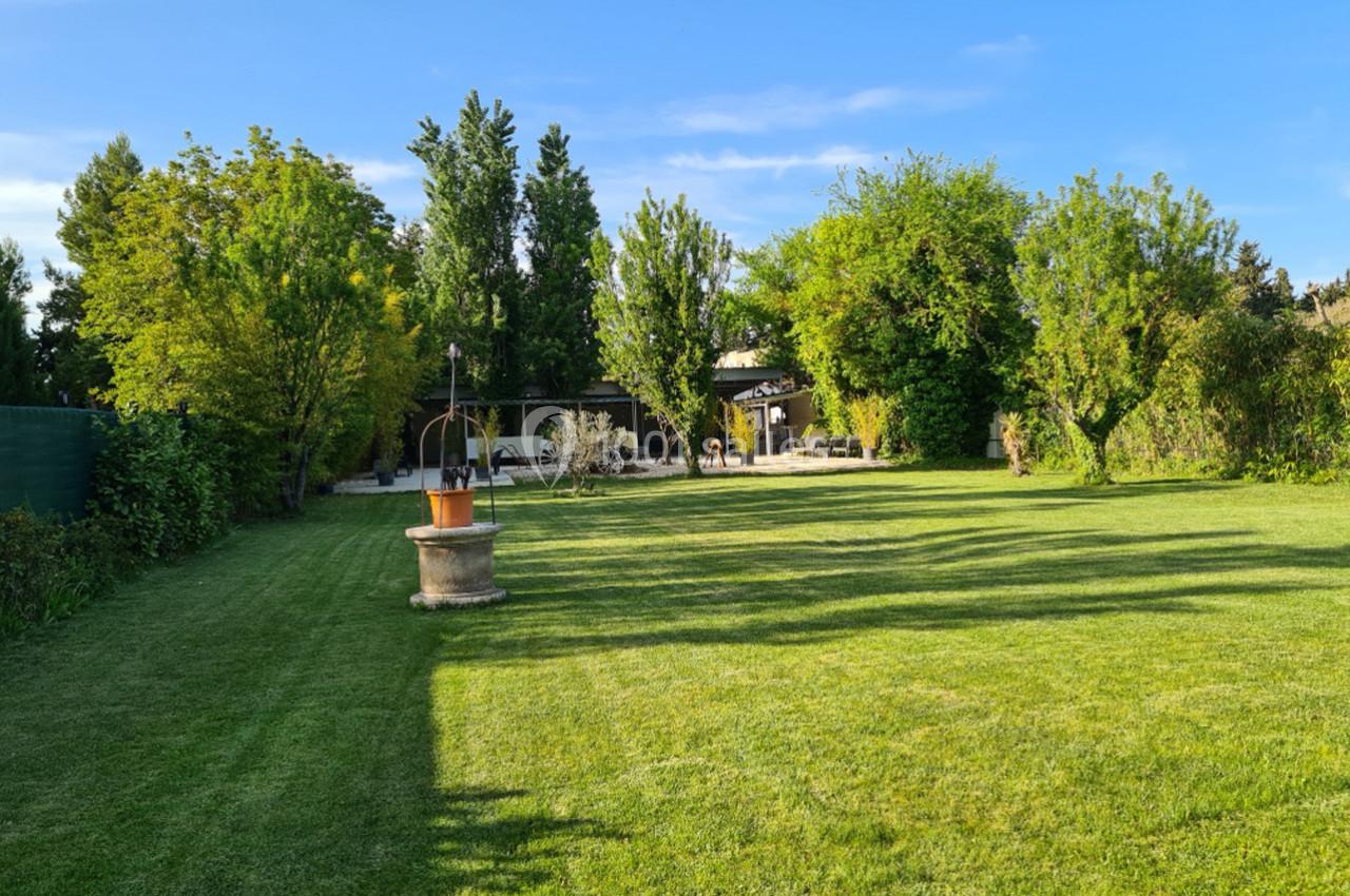 Jardin verdoyant avec pelouse tondue, puits en pierre au centre et arbres entourant une maison en arrière-plan.