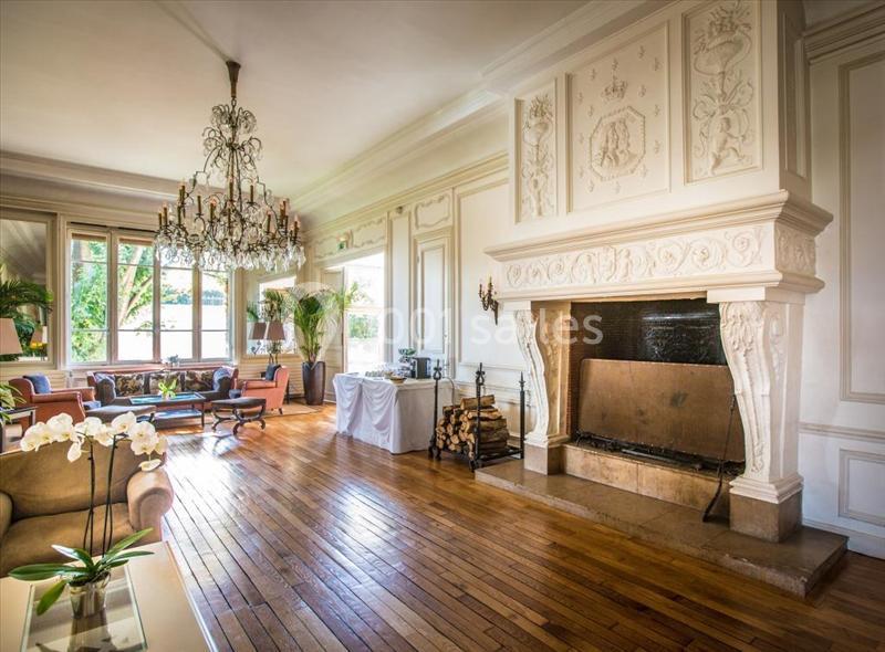 Salon lumineux avec parquet en bois, cheminée sculptée, lustre élégant et grandes fenêtres donnant sur un jardin.