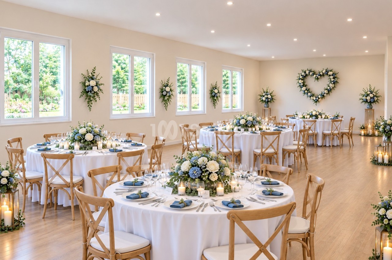 Salle de réception aménagée pour mariage - tables rondes en blanc, chaises en bois, fleurs bleues et blanches, fenêtres lumineuses.