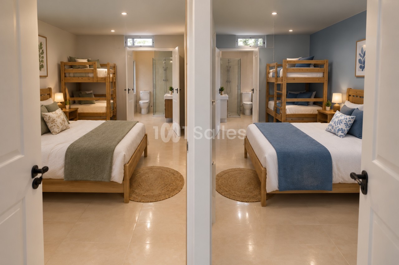 Deux chambres symétriques avec lits simples en bois, literie blanche, salles d'eau attenantes et éclairage encastré.