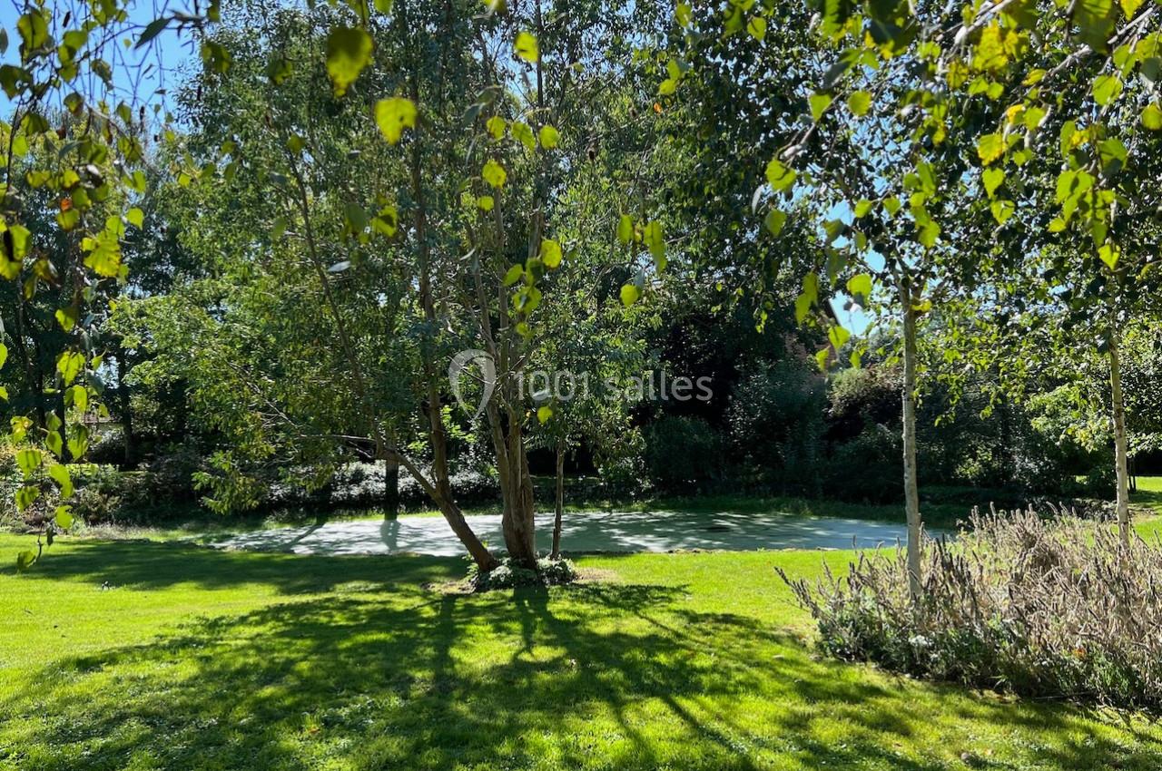 Un parc verdoyant avec des arbres, une pelouse ensoleillée et une zone ombragée sous les feuillages.