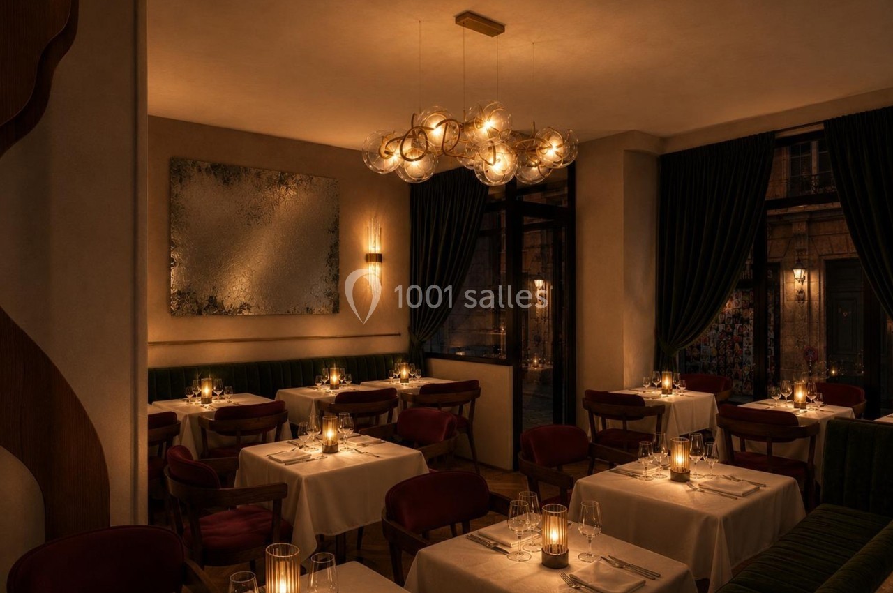 Salle de restaurant élégante avec tables dressées, éclairage tamisé et lustre moderne au plafond.