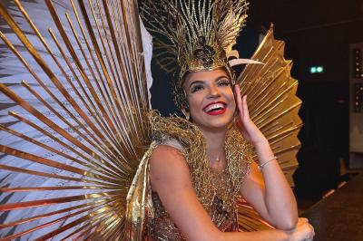 Personne portant un costume élaboré avec des ailes et un masque argenté, dans un décor intérieur faiblement éclairé.