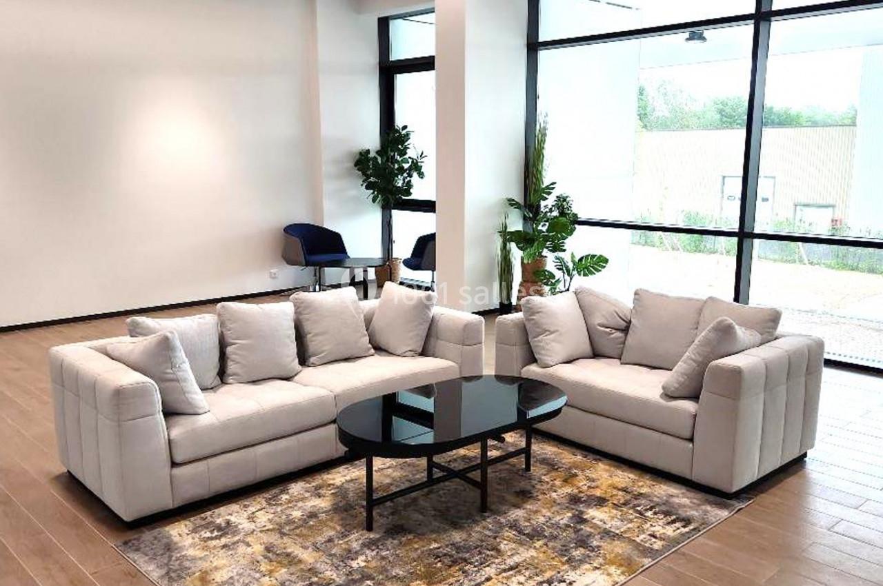 Deux canapés beiges autour d'une table basse noire sur un tapis coloré dans un salon lumineux avec de grandes fenêtres.