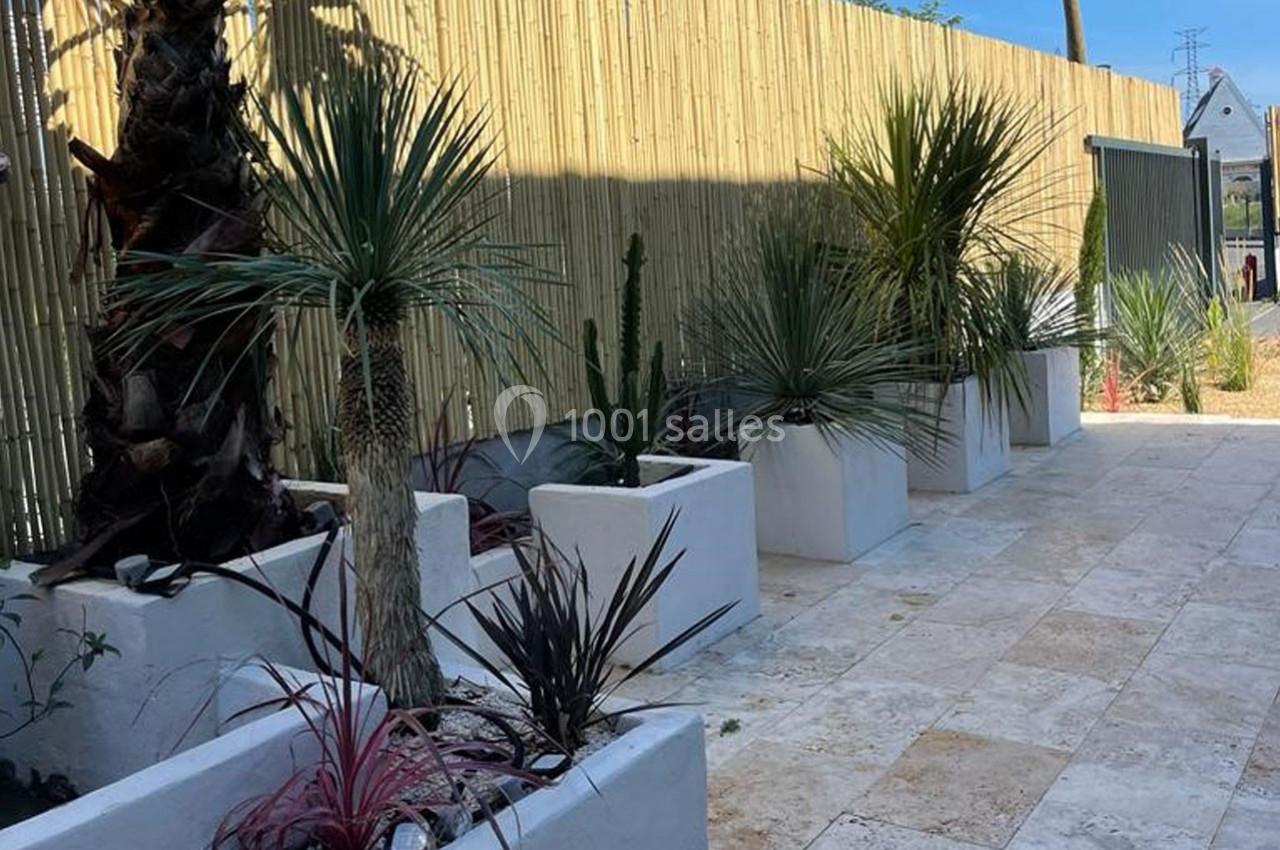 Plantes méditerranéennes en pots blancs alignées le long d'une clôture en bambou sur une terrasse en pierre.