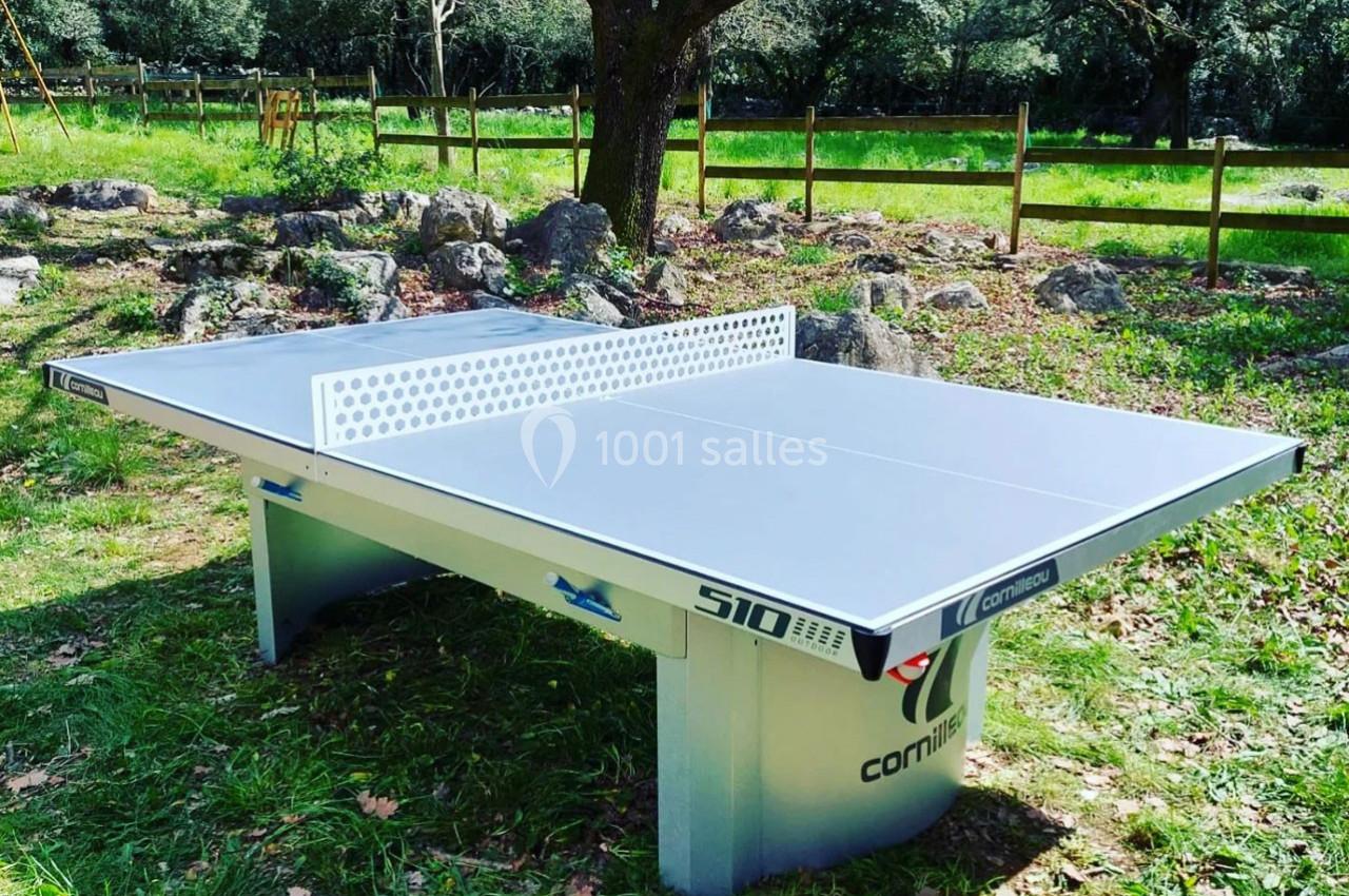 Table de ping-pong extérieure grise installée sur une pelouse, entourée d'arbres et de rochers.