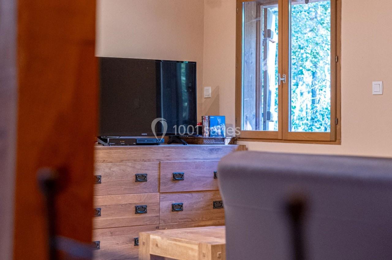 Télévision posée sur un meuble en bois dans un salon avec une fenêtre donnant sur un extérieur verdoyant.