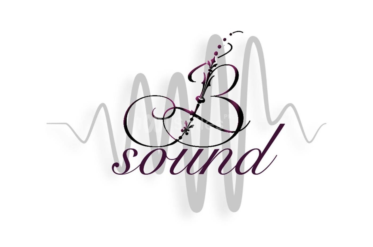 Logo avec le texte ’B sound’ en écriture cursive, sur fond de vague sonore grise stylisée.