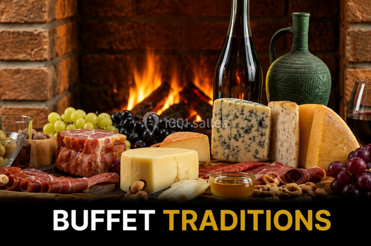 Plateau de fromages, charcuteries, fruits et olives devant une cheminée allumée, avec vin rouge et cruche en arrière-plan.