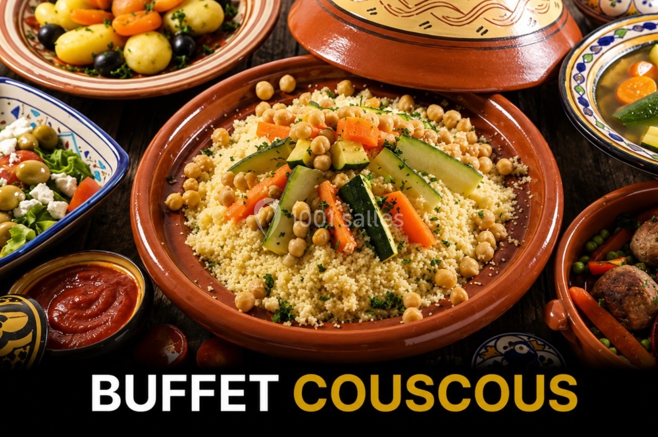 Assortiment de plats méditerranéens avec un couscous garni de légumes et pois chiches au centre.