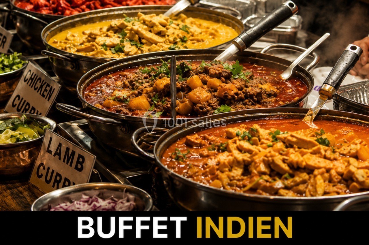Plats variés de cuisine indienne présentés dans un buffet, avec étiquettes indiquant les noms des mets.