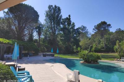 Terrasse avec table et chaises blanches sous une pergola, entourée de plantes et arbres dans un jardin ensoleillé.