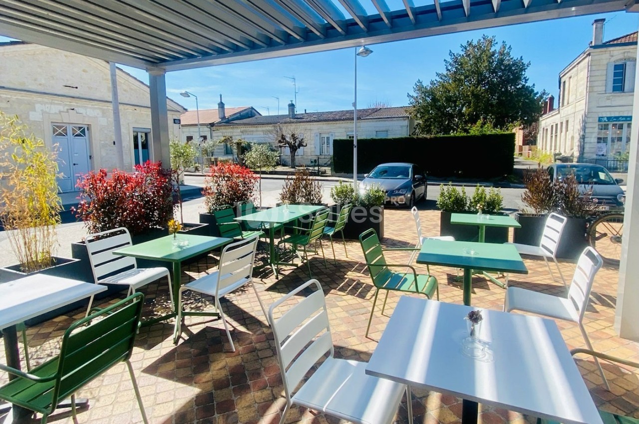 Terrasse extérieure avec tables et chaises vertes et blanches, entourée de plantes et baignée de lumière naturelle.