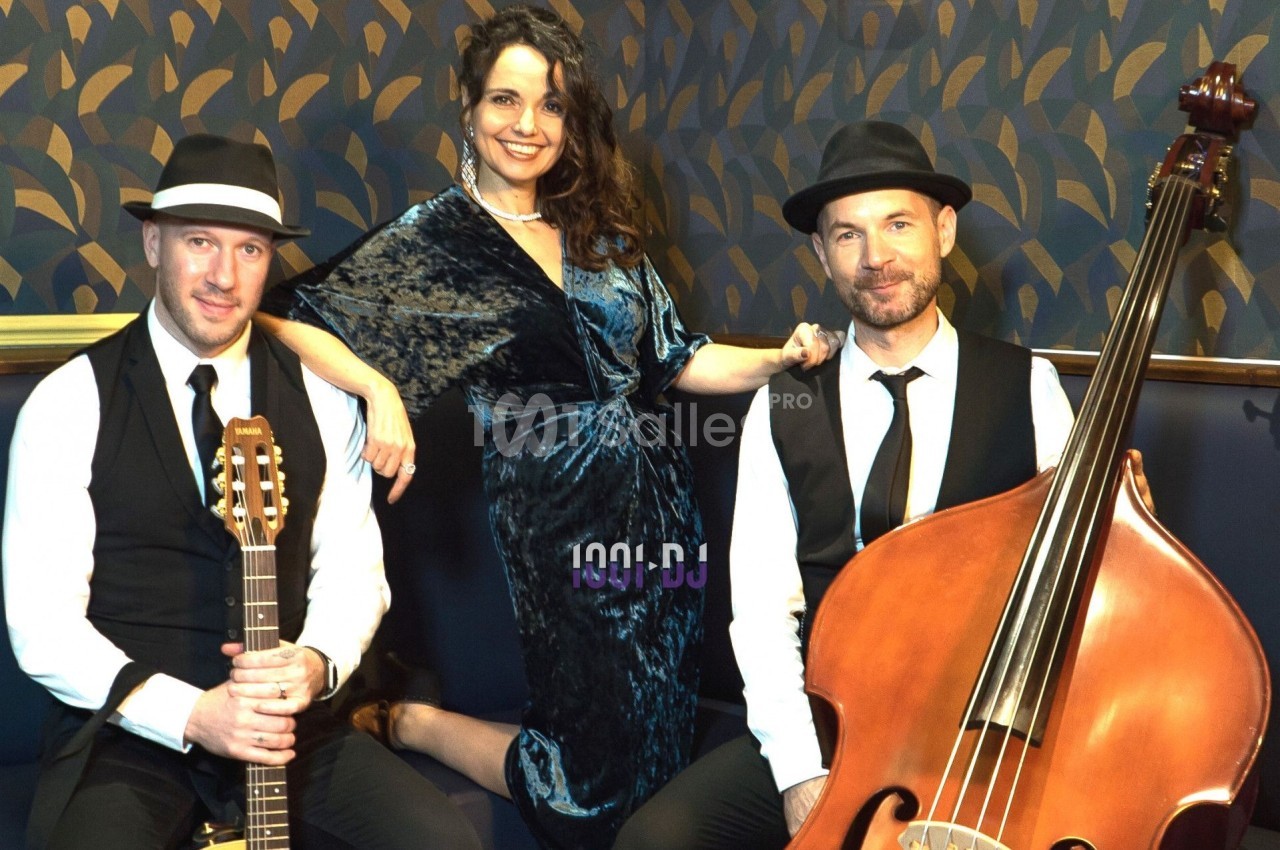 Un trio musical pose avec une guitare, une contrebasse et une chanteuse en robe bleue devant un mur décoratif.
