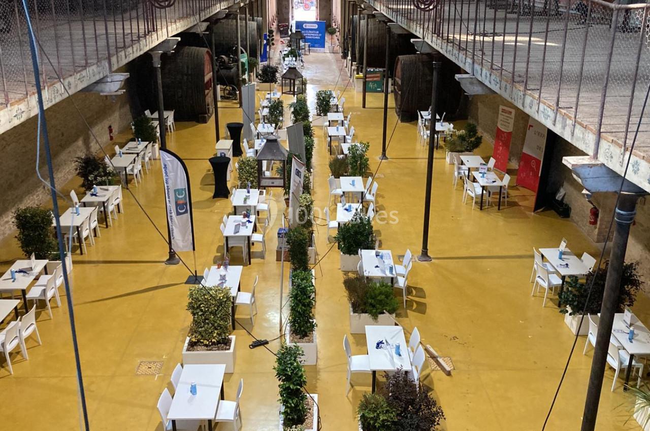 Salle avec des tables et chaises blanches alignées, entourées de plantes, sous une structure métallique ouverte.