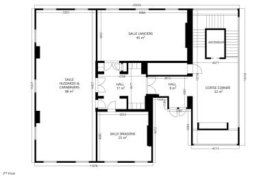 Plan des salles de l'hôtel Van der Valk Waterloo avec dimensions et disposition des espaces.