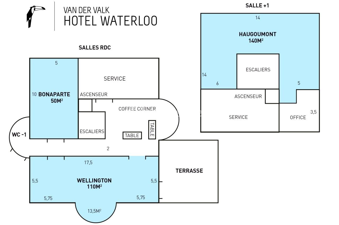 Plan des salles de l'hôtel Van der Valk Waterloo avec dimensions et disposition des espaces.