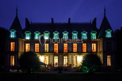 Façade d'un château éclairé par des lumières colorées, vue de nuit avec des silhouettes de personnes devant.