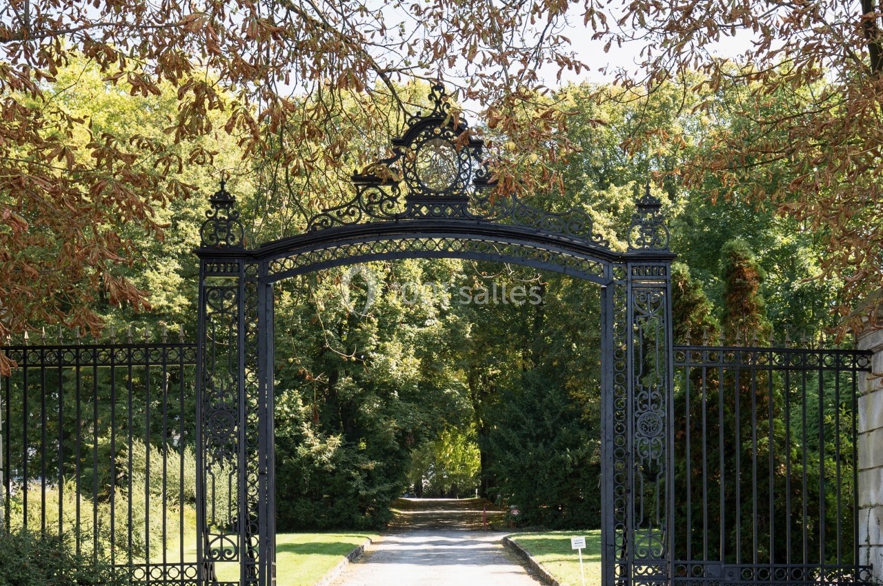 Portail en fer forgé noir entouré d'arbres, donnant accès à une allée bordée de verdure.