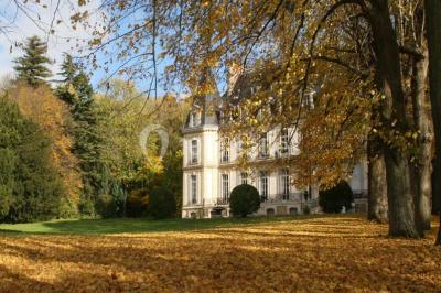 Façade d'un château éclairé par des lumières colorées, vue de nuit avec des silhouettes de personnes devant.