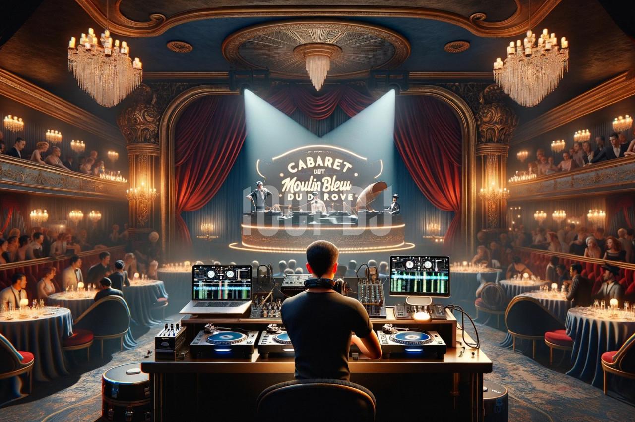 Un DJ mixe devant une scène de cabaret éclairée, entourée de spectateurs dans une salle ornée de chandeliers.