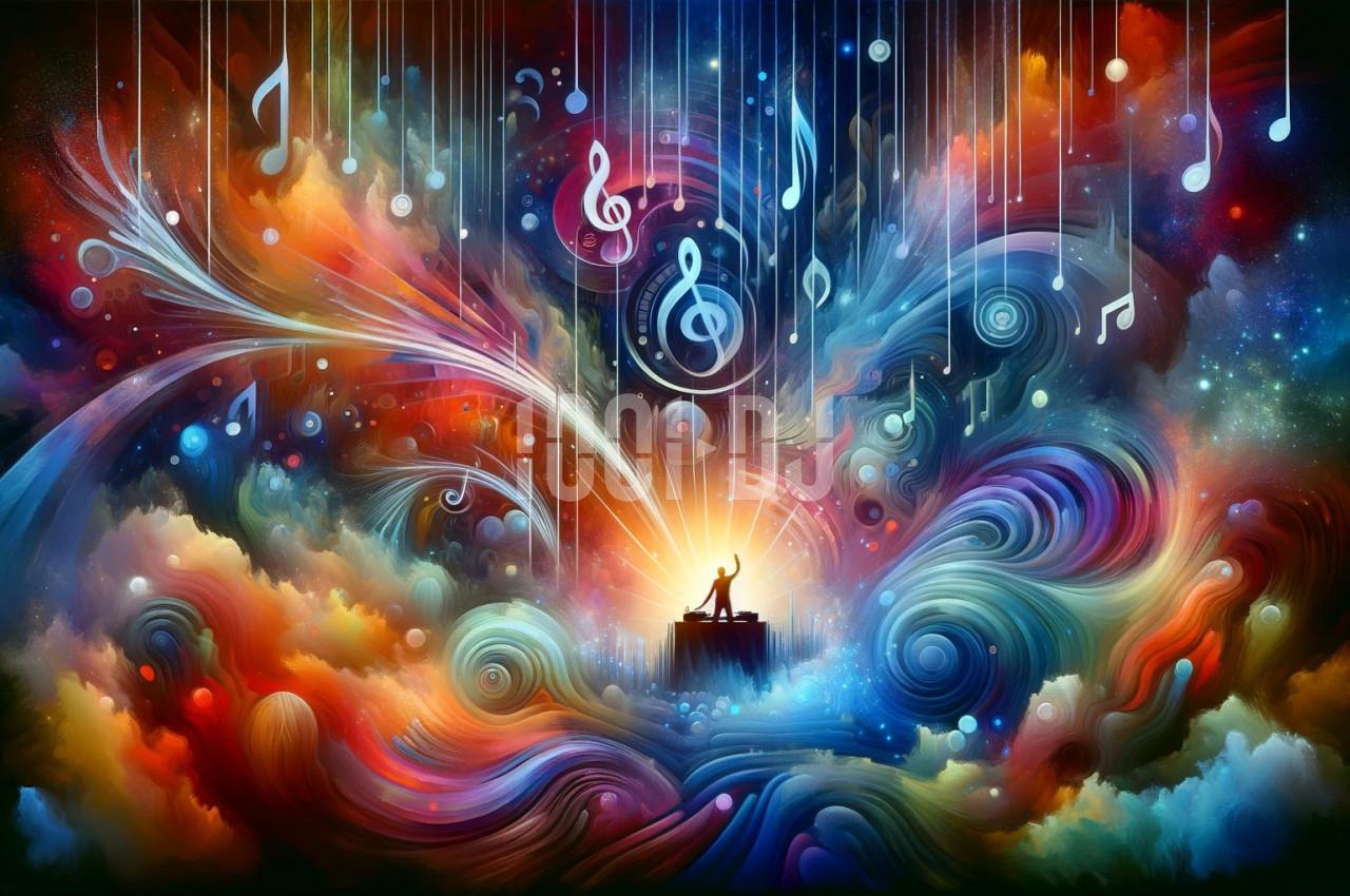 Illustration colorée d'un DJ sur scène entouré de motifs musicaux et de lumières éclatantes dans un décor onirique.