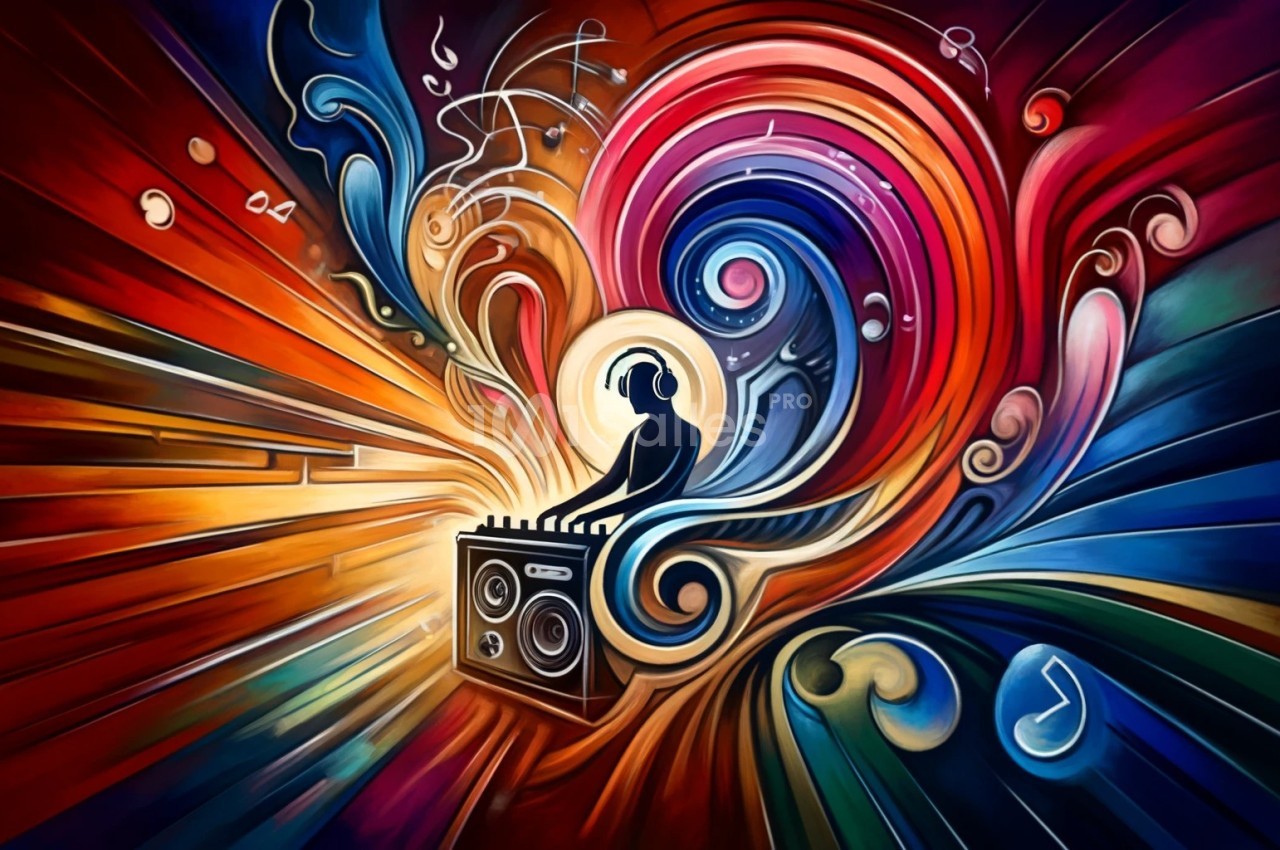 Illustration abstraite d'un DJ mixant sur une console, entouré de motifs colorés évoquant la musique et le mouvement.