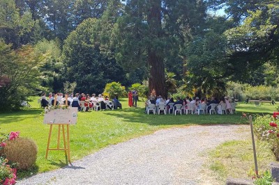 Pelouse verdoyante entourée de grands arbres sous un ciel partiellement nuageux.