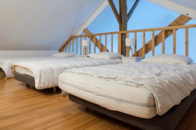 Pelouse verdoyante entourée de grands arbres sous un ciel partiellement nuageux.